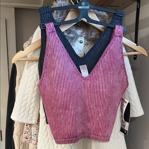 Pink and Black Ribbed V-Neck Crop Top